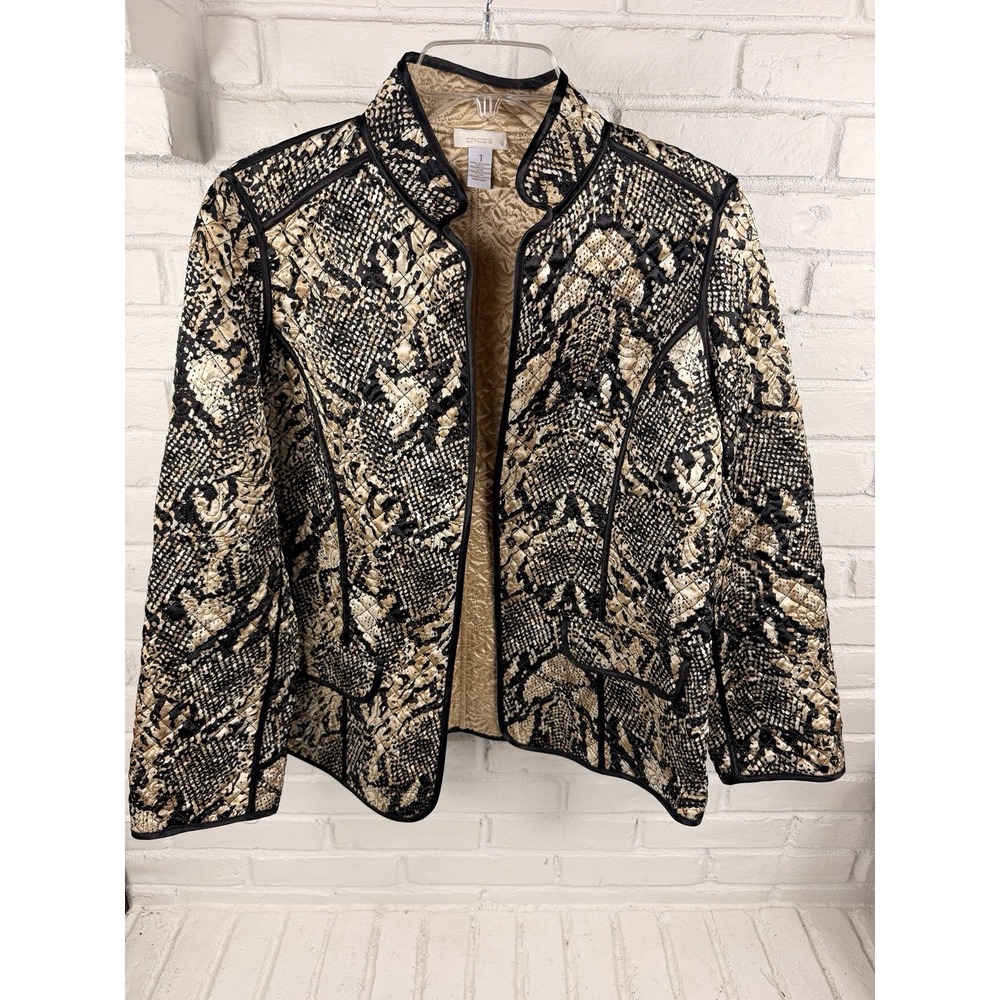 Snake Print Chico's Size 1 Quilted Jacket Black Tan Piped Lightweight Coat